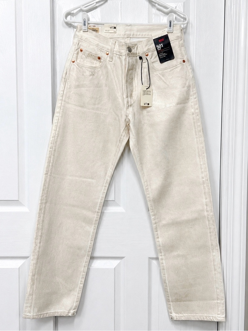 Levi’s Premium 501 ’90s Metallic Foil Straight Jeans White Gold NWT 26x30 - Picture 1 of 10